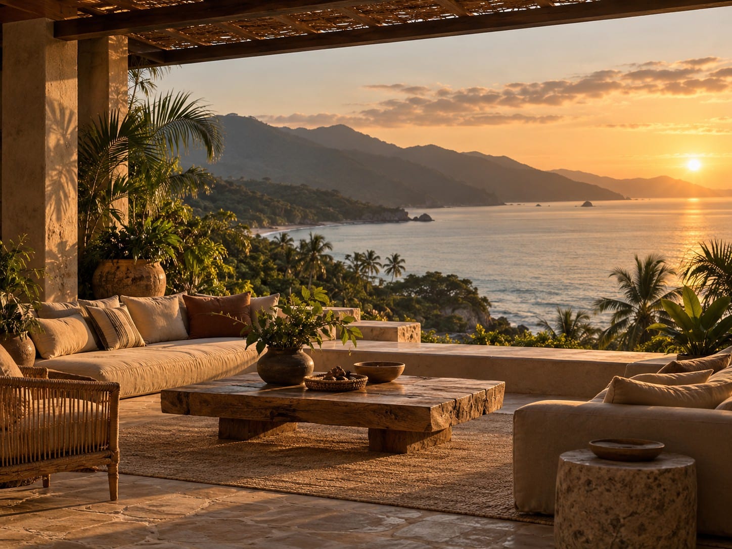 Terraza cálida al atardecer con vista al mar y las montañas, en una escena atmosférica.