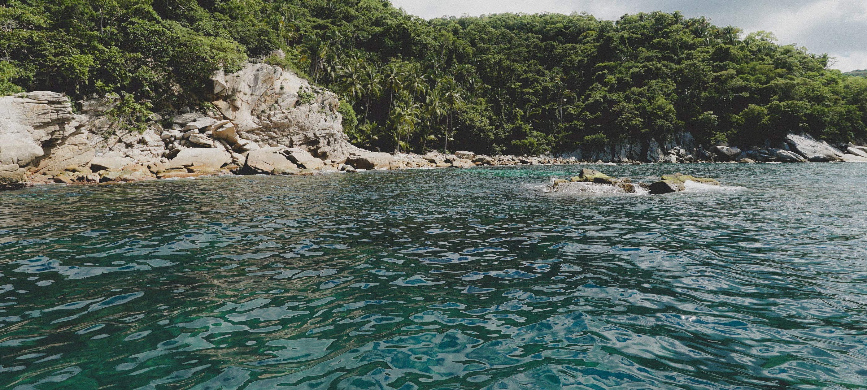 Aguas turquesa y una costa de selva vistas desde el nivel del mar, con luz suave.